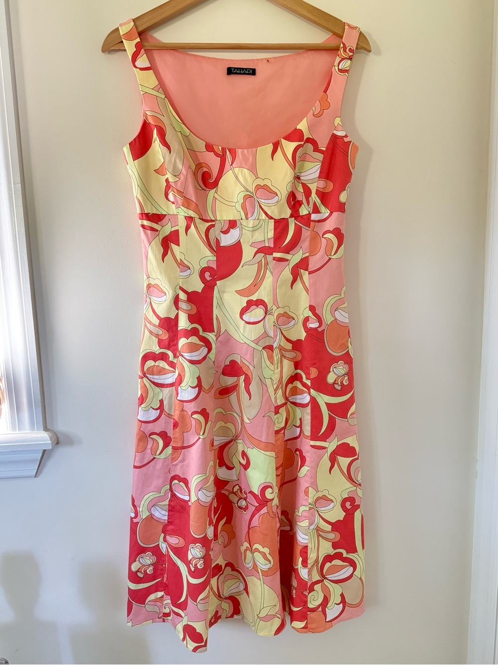 Tahari Coral, Pink & Yellow Abstract Floral Midi Dress